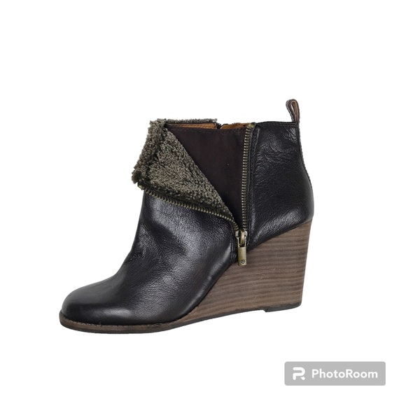 Lucky Brand Brown Leather Faux Fur Wedge Ankle Boot - Picture 7 of 11
